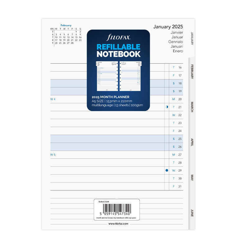 Filofax Notebooks - Planning mensuel avec onglets - A5 - 2025 - 25-15210