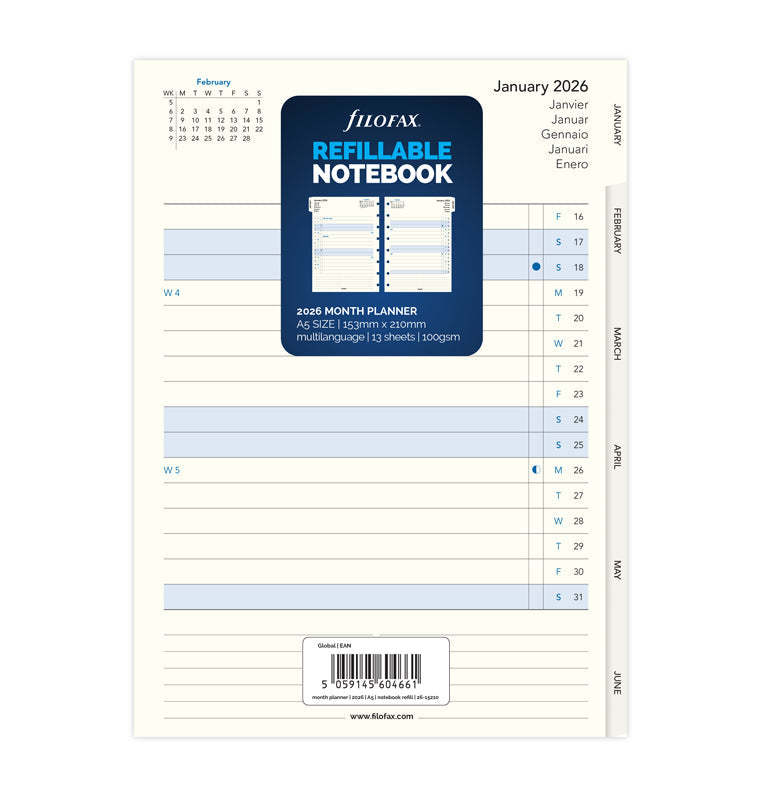 Recharge Calendrier Filofax Filofax Notebooks - Planning mensuel avec onglets - A5 - 2026 26-15210