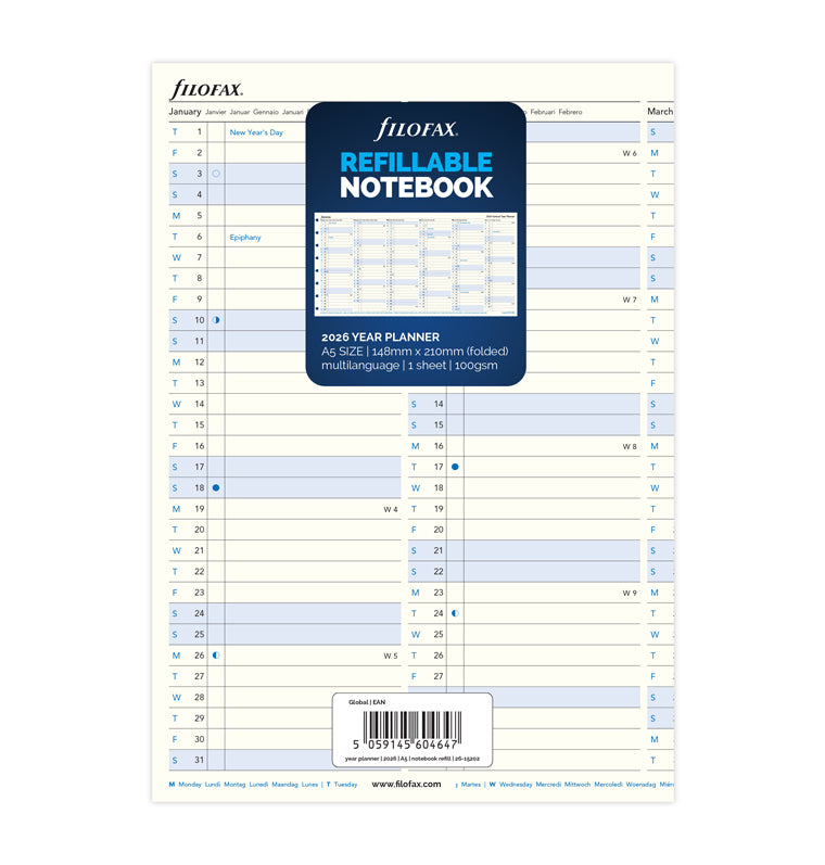 Recharge Calendrier Filofax Filofax Notebook Planning annuel dépliant - A5 - 2026 26-15202