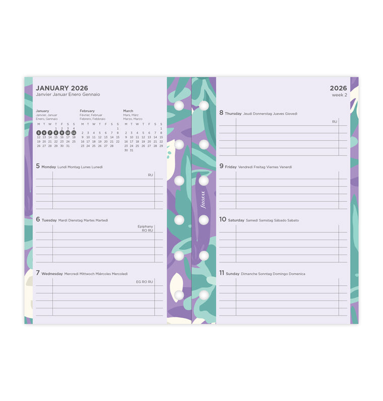 Recharge Calendrier Filofax Semaine sur deux pages - multilingue - recharge illustrée Floral - Pocket - 2026 26-6321