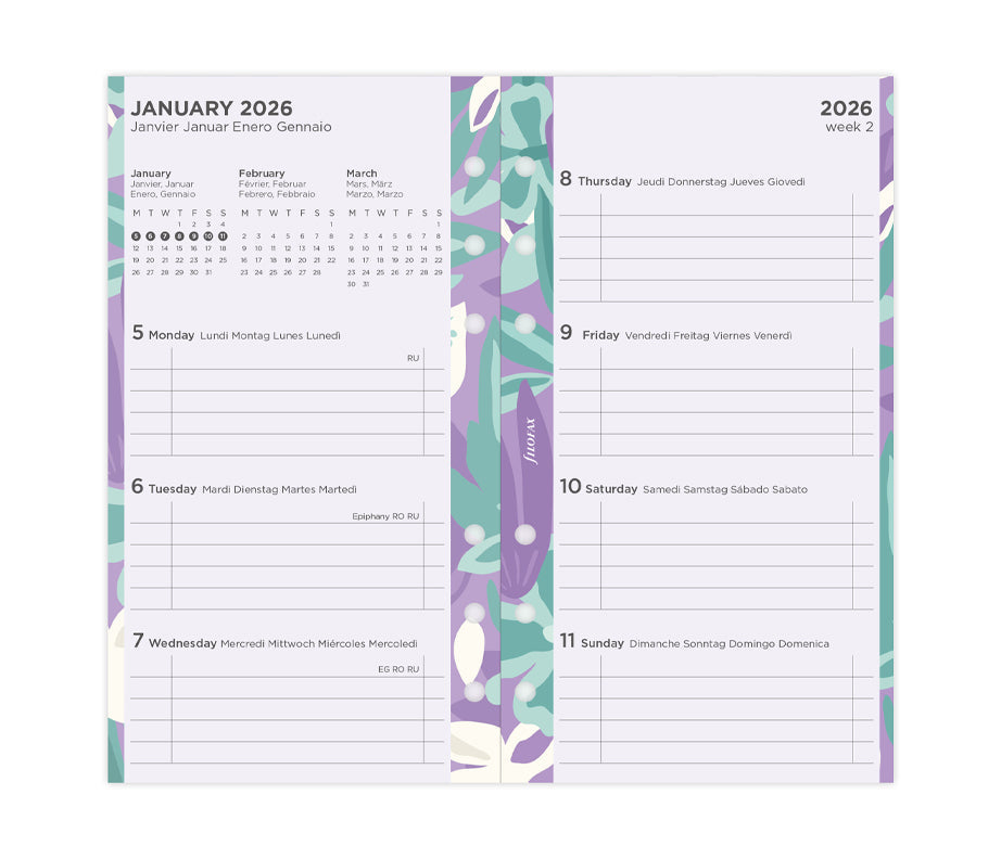 Recharge Calendrier Filofax Semaine sur deux pages - multilingue - recharge illustrée Floral - Personal - 2026 26-6341