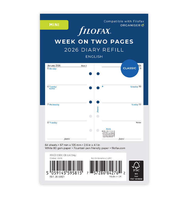 Recharge Calendrier Filofax Semaine sur deux pages - anglais - Mini - 2026 26-68121