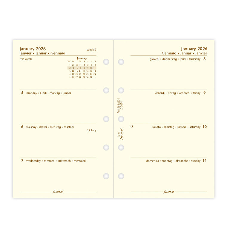 Recharge Calendrier Filofax Semaine sur deux pages - multilingue - Mini - 2026 26-68124
