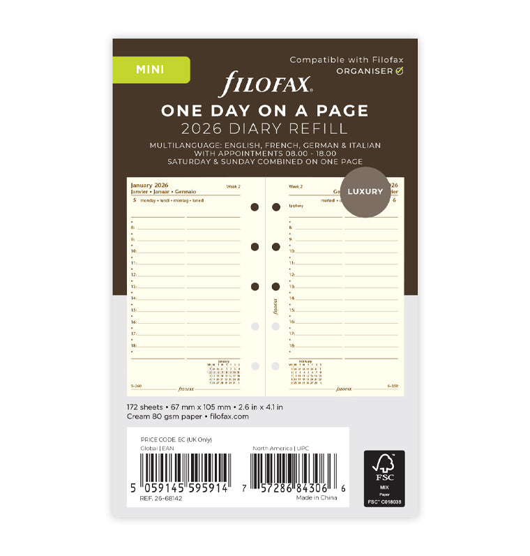 Recharge Calendrier Filofax Jour par page - multilingue - Mini - 2026 26-68142