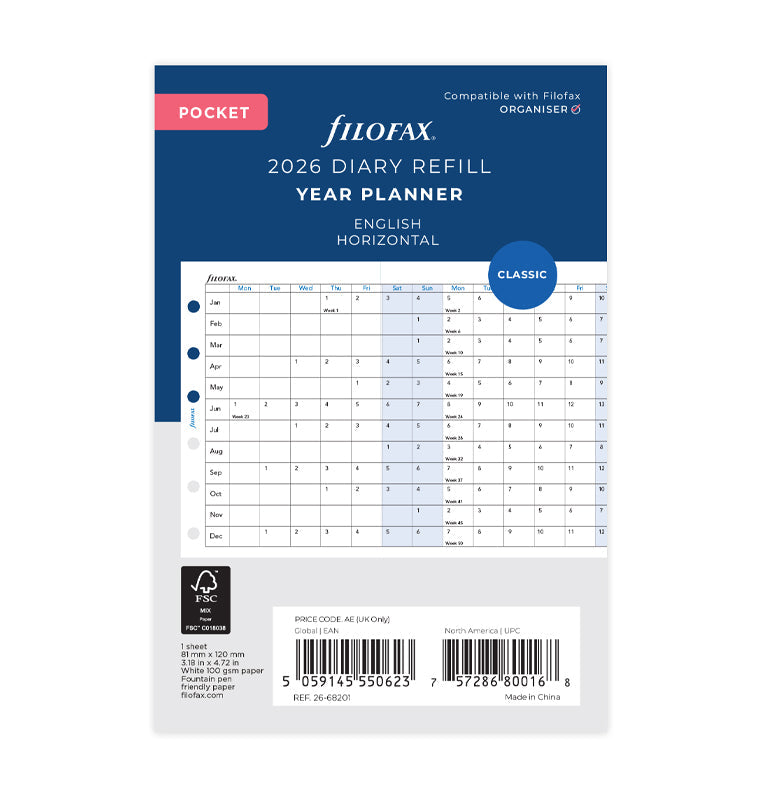 Planning annuel horizontal - anglais - Pocket - 2026 - 26-68201