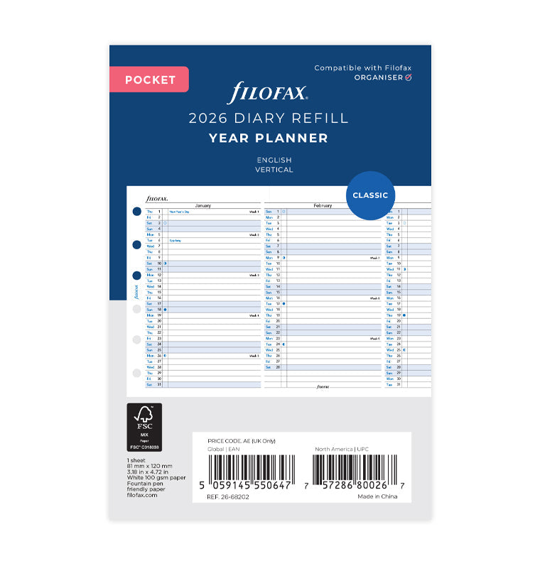 Planning annuel vertical - anglais - Pocket - 2026 - 26-68202