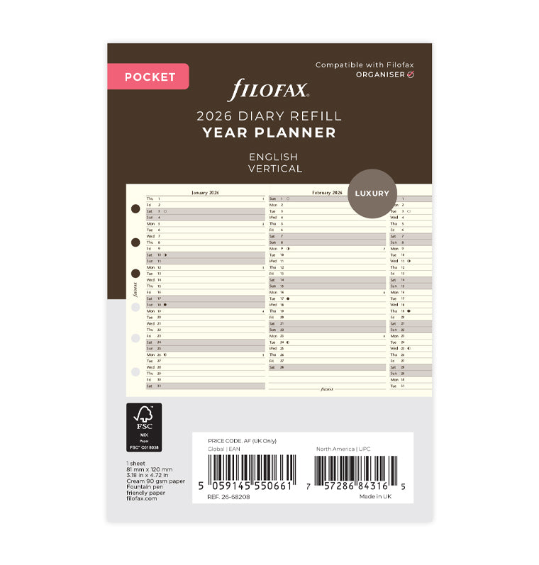 Planning annuel vertical - anglais - Pocket - 2026 - 26-68208