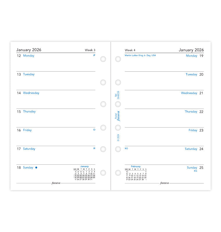 Recharge Calendrier Filofax Semaine sur une page - anglais - Pocket - 2026 26-68226