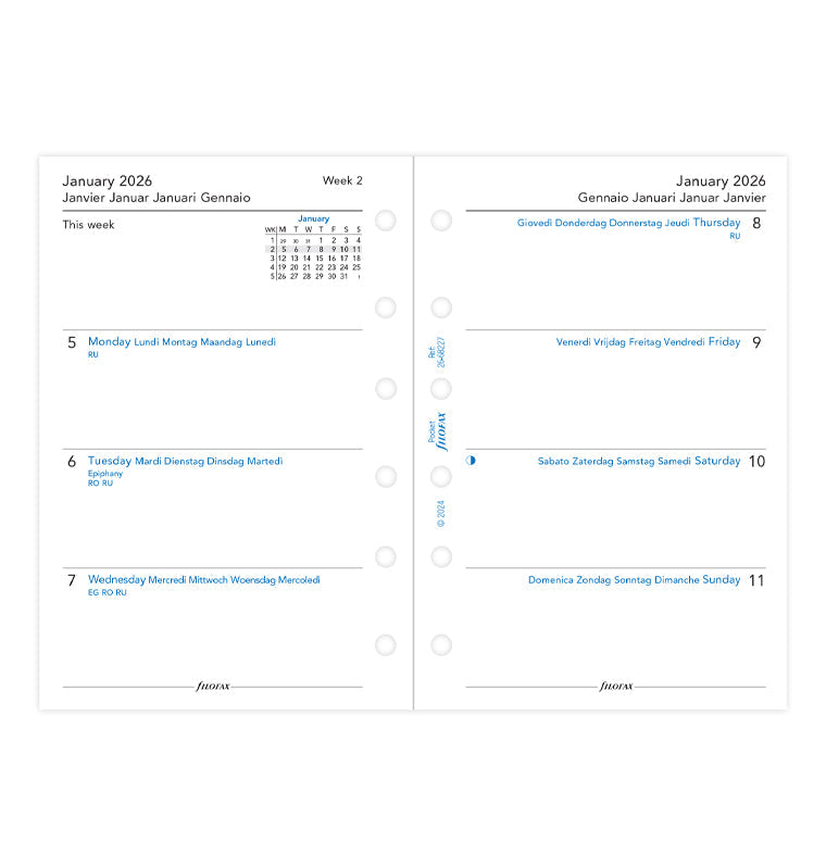 Recharge Calendrier Filofax Semaine sur deux pages - multilingue - Pocket - 2026 26-68227