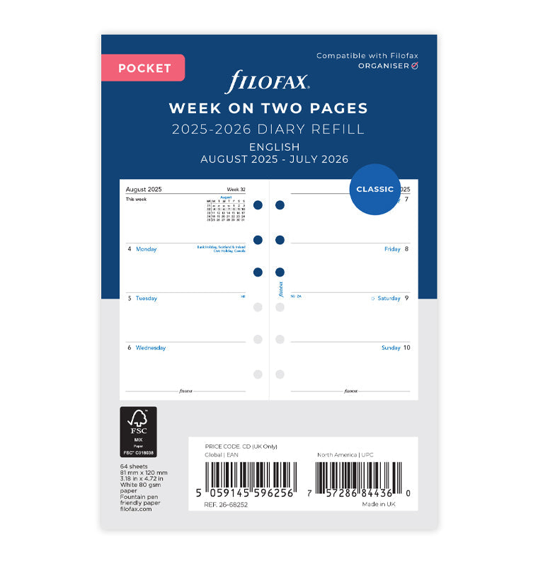 Recharge Calendrier Filofax Semaine sur deux pages - anglais - académique - Pocket - 25/26 26-68252