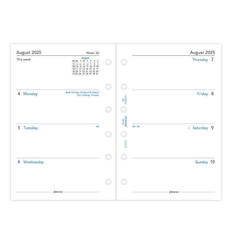 Recharge Calendrier Filofax Semaine sur deux pages - anglais - académique - Pocket - 25/26 26-68252