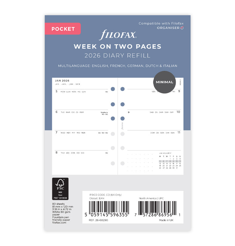 Recharge Calendrier Filofax Semaine sur deux page Minimal - Pocket 2026 26-68290