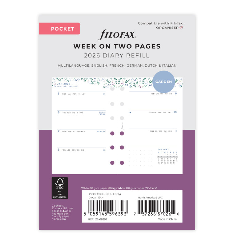 Recharge Calendrier Filofax Semaine sur deux pages Garden - Pocket 2026 26-68292