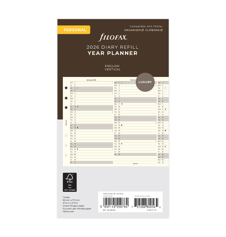 Planning annuel vertical - anglais - Personal - 2026 - 26-68408