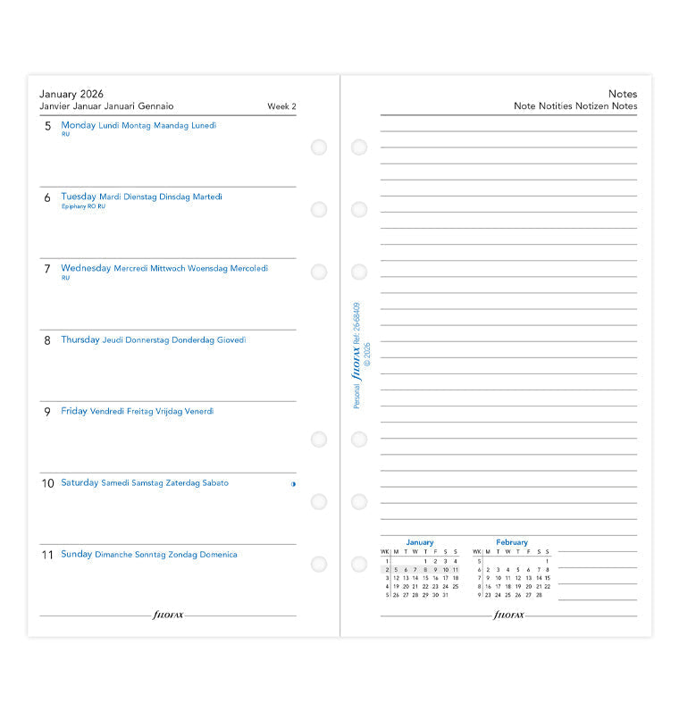 Recharge Calendrier Filofax Semaine sur une page + page de notes - multilingue - Personal - 2026 26-68409