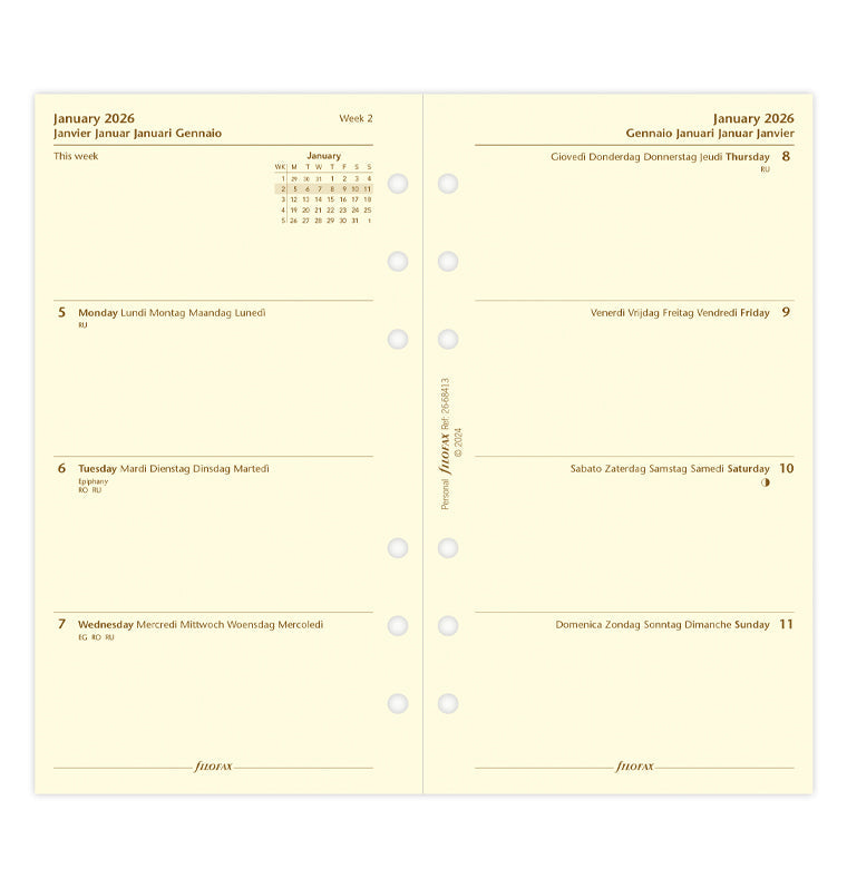 Recharge Calendrier Filofax Semaine sur deux pages - multilingue - Personal - 2026 26-68413