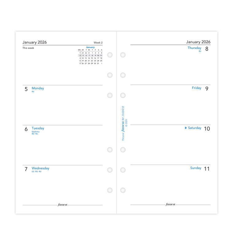 Recharge Calendrier Filofax Semaine sur deux pages - Personal 2026 Anglais - Papier recyclé 26-68421R