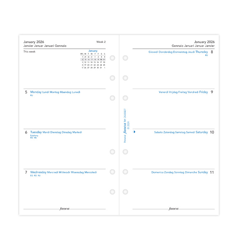 Recharge Calendrier Filofax Semaine sur deux pages - multilingue - Personal - 2026 26-68427