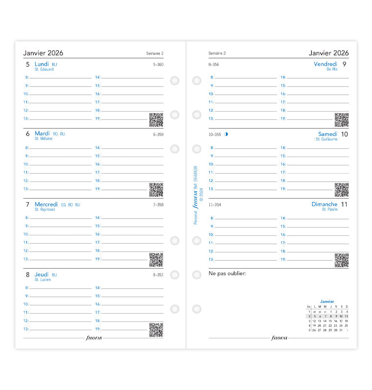 Recharge Calendrier Filofax Semaine sur deux pages français - Personal - 2026 26-68438