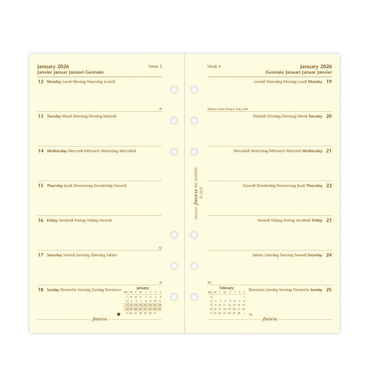 Recharge Calendrier Filofax Semaine sur une page - multilingue - Personal - 2026 26-68439