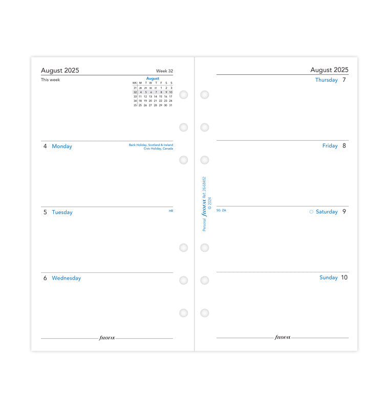 Recharge Calendrier Filofax Semaine sur deux pages - anglais - académique - Personal - 25/26 26-68452