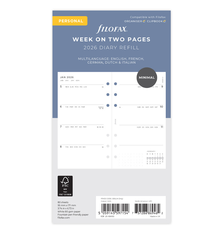 Recharge Calendrier Filofax Semaine sur deux page Minimal - Personal 2026 26-68490
