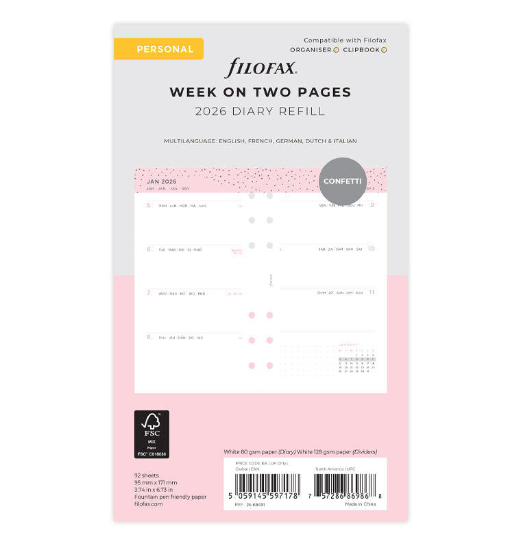 Recharge Calendrier Filofax Semaine sur deux pages Confetti - Personal 2026 26-68491