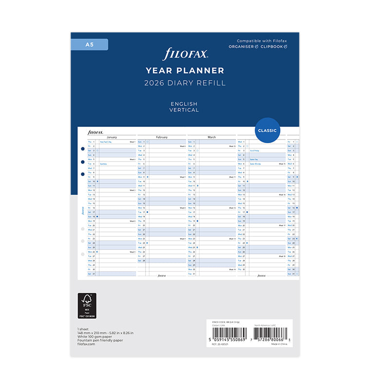 Planning annuel vertical - anglais - A5 - 2026 - 26-68501