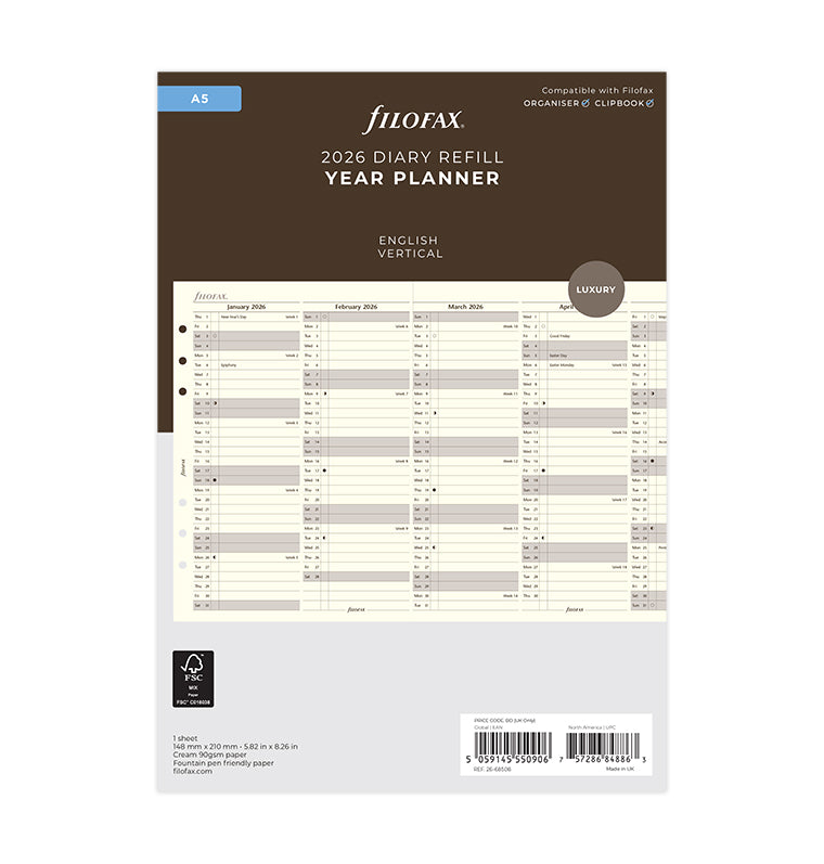 Planning annuel vertical - anglais - A5 - 2026 - 26-68508