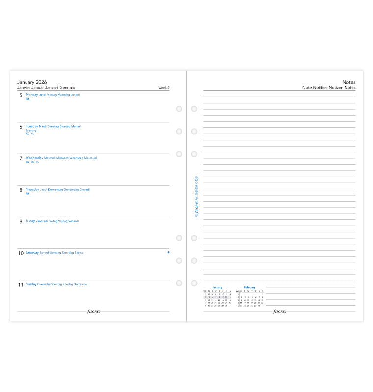 Recharge Calendrier Filofax Semaine sur une page + page de notes - multilingue - A5 - 2026 26-68509