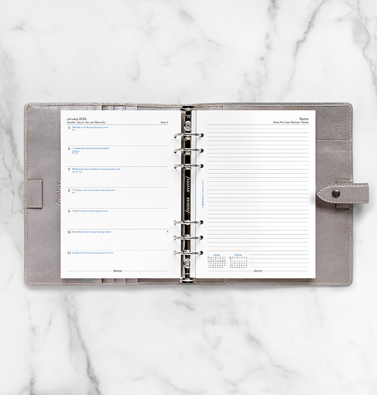 Recharge Calendrier Filofax Semaine sur une page + page de notes - multilingue - A5 - 2026 26-68509