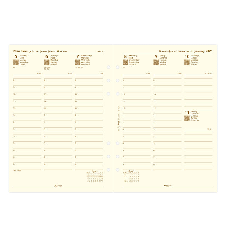 Recharge Calendrier Filofax Semaine sur deux pages - multilingue - A5 - 2026 26-68513