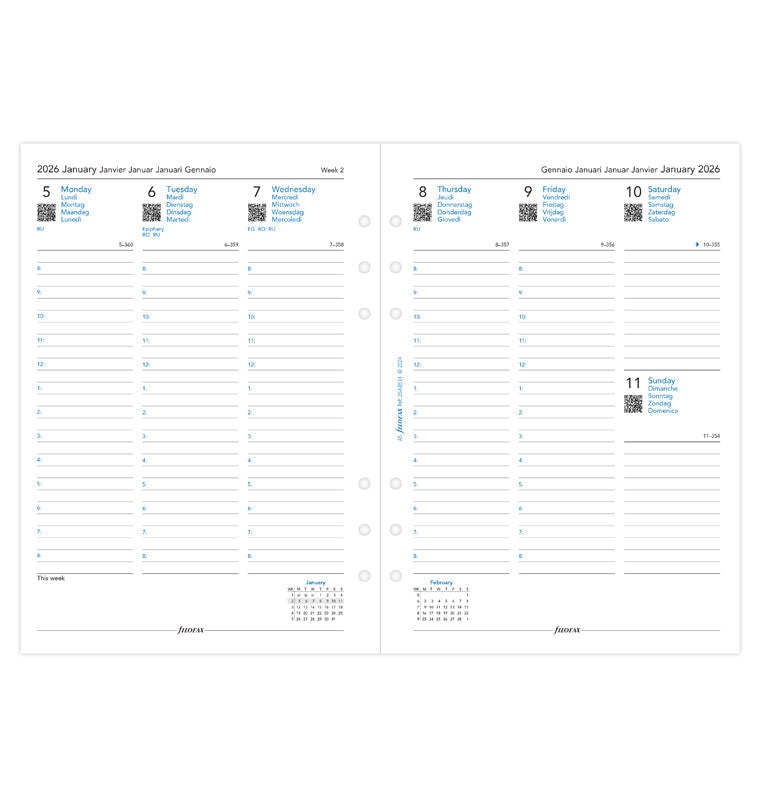 Recharge Calendrier Filofax Semaine sur deux pages - multilingue - A5 - 2026 26-68514