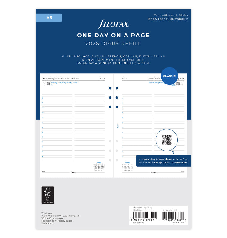 Recharge Calendrier Filofax Jour par page - multilingue - A5 - 2026 26-68515
