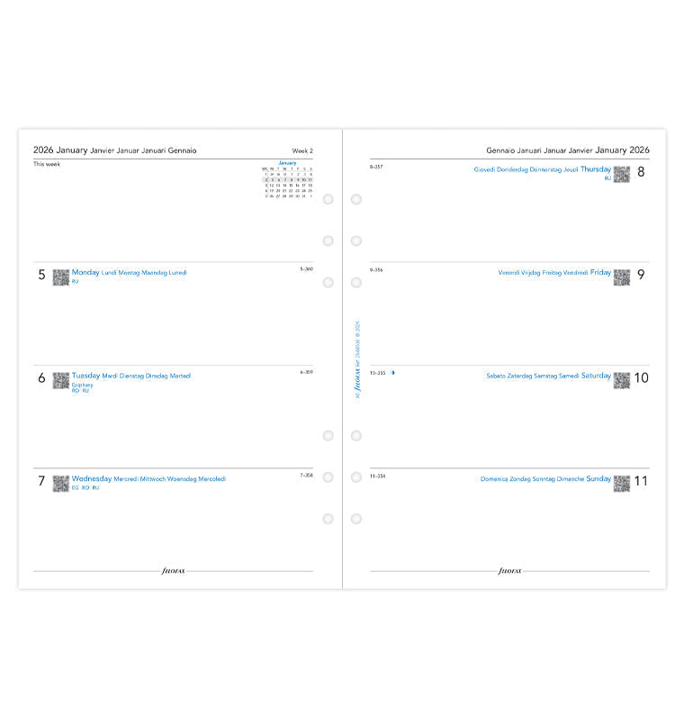 Recharge Calendrier Filofax Semaine sur deux pages - multilingue - A5 - 2026 26-68516
