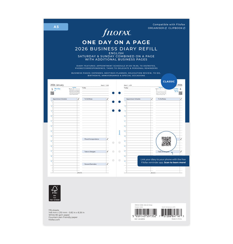 Recharge Calendrier Filofax Jour par page - anglais - A5 - 2026 26-68519