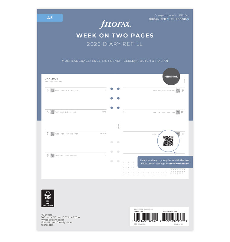 Recharge Calendrier Filofax Semaine sur deux page Minimal - A5 2026 26-68590