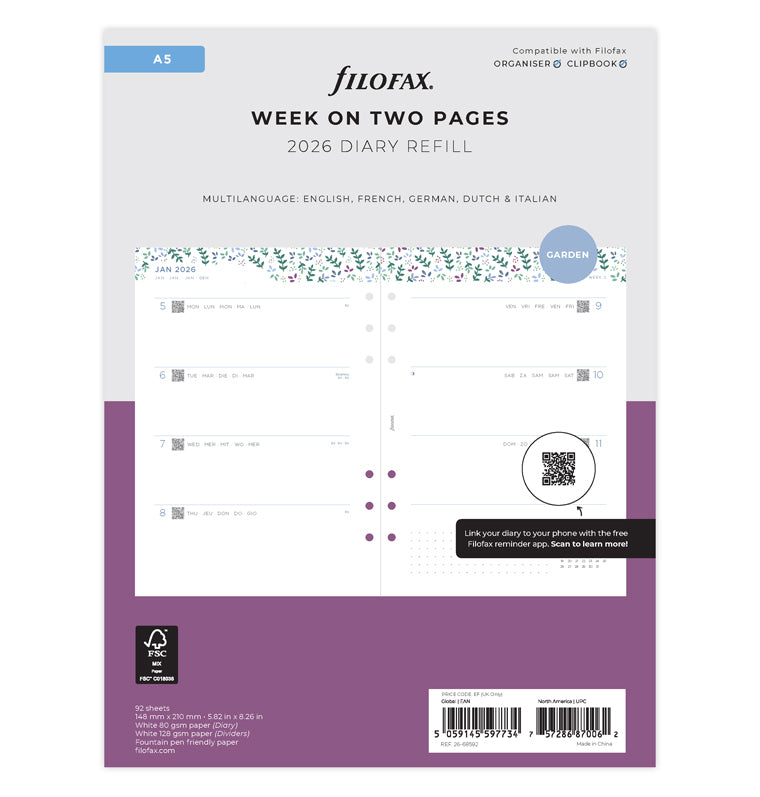Recharge Calendrier Filofax Semaine sur deux pages Garden - A5 2026 26-68592