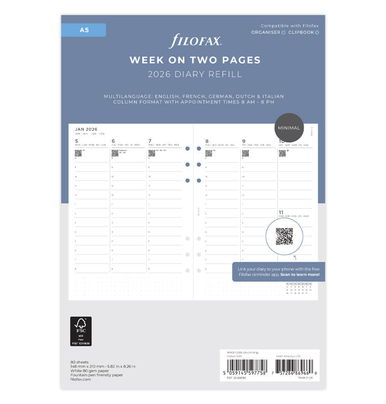Recharge Calendrier Filofax Semaine sur deux page verticale Minimal - A5 2026 26-68593