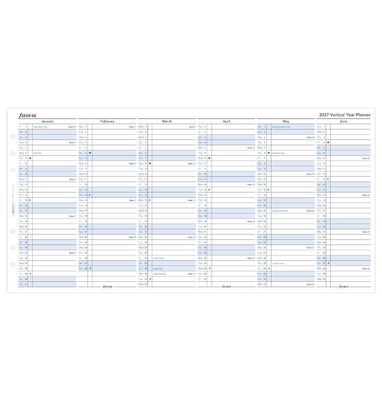 Recharge Calendrier Filofax Planning annuel vertical - anglais - A5 - 2027 27-68501