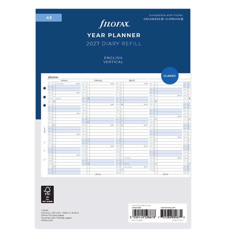 Recharge Calendrier Filofax Planning annuel vertical - anglais - A5 - 2027 27-68501