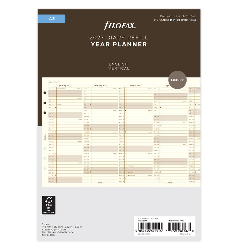 Recharge Filofax Planning annuel vertical - anglais - A5 - 2027 27-68508