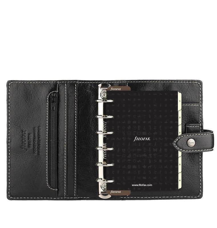 Filofax Leather Malden Pocket Organiser in Black - with contents