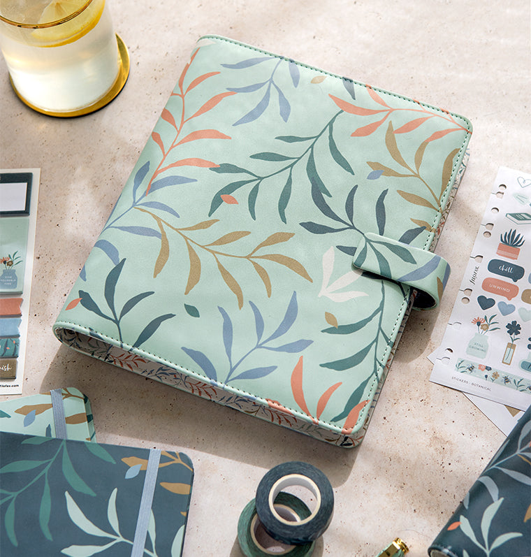 Filofax Botanical A5 Organiser in mint with stationery accessories