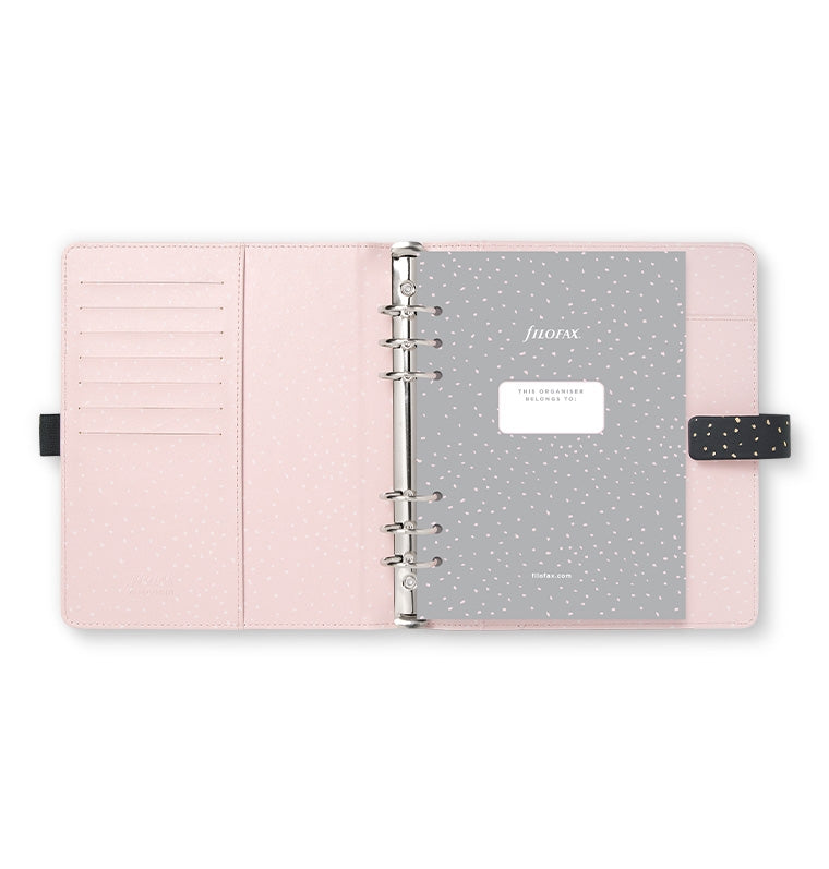 Confetti A5 Filofax Organiser in Charcoal, open view on the pink inside cover
