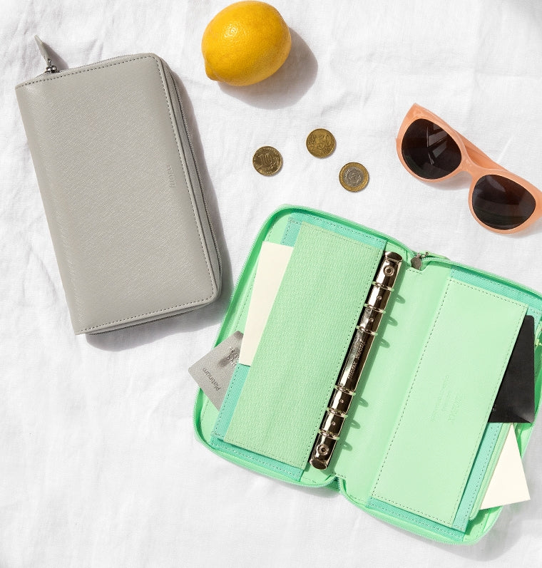 Filofax Saffiano Personal Compact Zip Organiser in Neo Mint - with pockets for cash and cards 