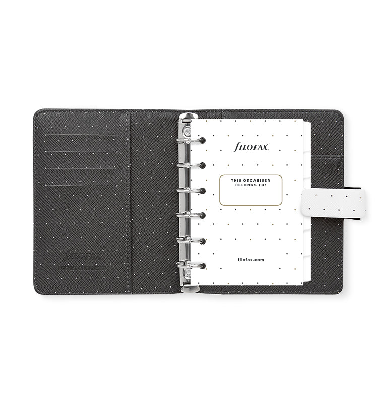 Filofax Moonlight Pocket Organiser in White with contents