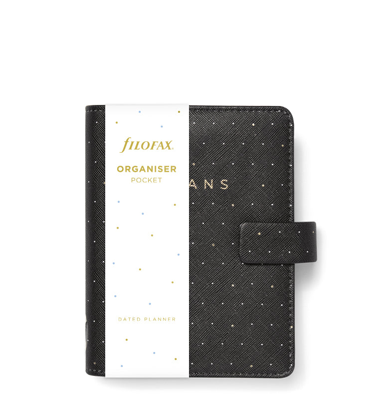 Filofax Moonlight Pocket Organiser in Black, with packaging