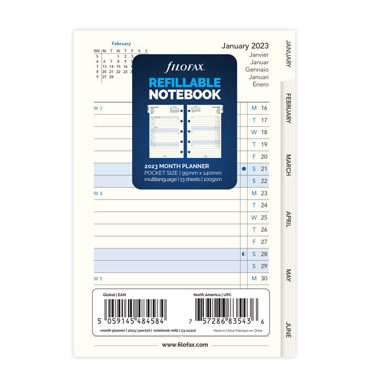 Filofax Refillable Notebook 2023 Month Planner Refill - Pocket Packaging