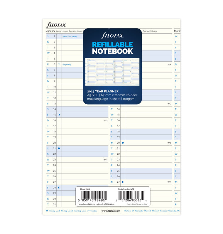 Filofax Refillable Notebook 2023 Year Planner Refill - A5 packaging